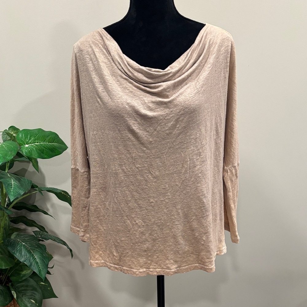 iCantoo Beige Tan Linen Draped Neck Drop Sleeve Top NWT